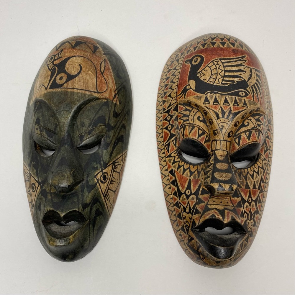 Wooden Tribal Masks 2 Hand-carved & Hand-painted Indonesian
